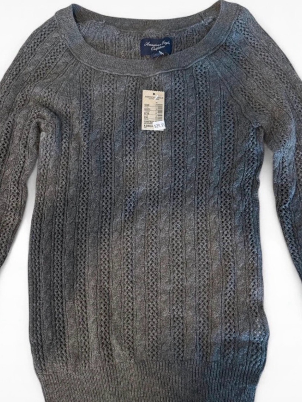 American Eagle Outfitters Gray Cable-Knit Scoop Neck Sweater